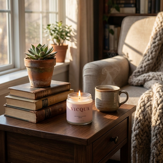 Vicqua Candle, mug, and books on a wooden table with a cozy living room background