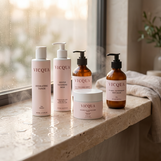 Collection of Vicqua bodycare products on a bathroom counter with a window in the background.