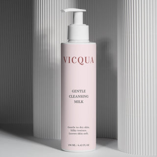 bottle of Vicqua Gentle Cleansing Milk against a gray background