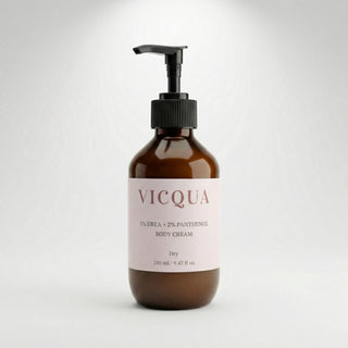 Vicqua 5% Urea + 2% Panthenol Body Cream in amber pump bottle on light gray studio background