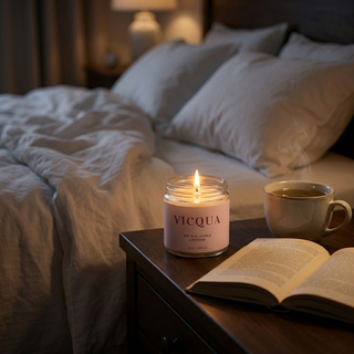 Candle with 'VICQUA' branding on a bedside table next to an open book and a cup of tea, with a bed in the background.
