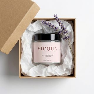 Vicqua candle in a gift box with lavender