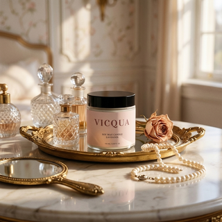 Vicqua candle on a marble table with decorative items