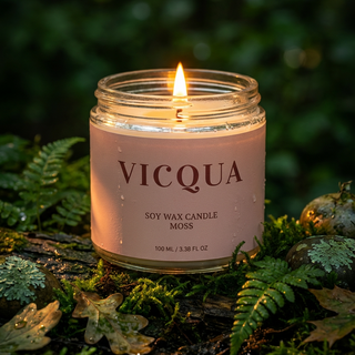 Vicqua candle with a flame on a natural background