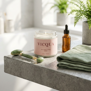 Vicqua candle on a concrete surface with plants and a towel in the background