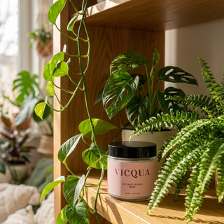 Vicqua product on a wooden shelf with plants