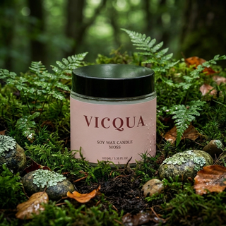 Vicqua candle in a natural setting with greenery
