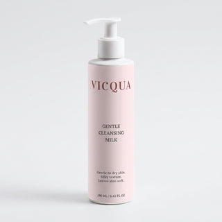 Vicqua Gentle Cleansing Milk 200ml bottle for dry and sensitive skin on light gray background