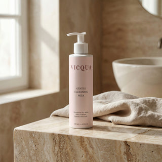 Vicqua Gentle Cleansing Milk bottle on luxury marble bathroom counter