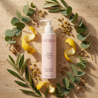 Vicqua Gentle Cleansing Milk surrounded by fresh botanical and citrus ingredients