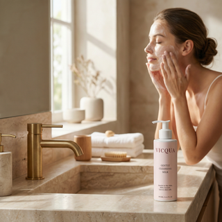 Vicqua Gentle Cleansing Milk beside luxury bathroom sink during skincare routine.