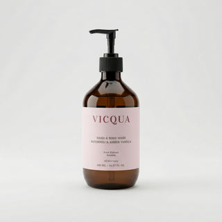 Vicqua Hand & Body Ritual Wash Patchouli and Amber Vanilla 490ml bottle on light gray background