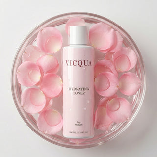 Vicqua hydrating toner bottle surrounded by pink rose petals in a clear bowl.