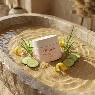 Vicqua Icelandic Volcano Face & Body Scrub surrounded by cucumber and lemon ingredients in bath water