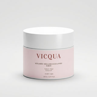 Vicqua Icelandic Volcano Face & Body Scrub 170ml jar on light gray background