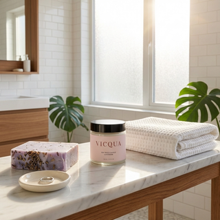 Bathroom counter with Vicqua product, soap, and towel