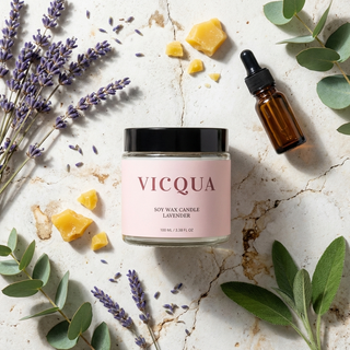 Vicqua soy wax candle with lavender, surrounded by lavender flowers and eucalyptus leaves on a light surface.